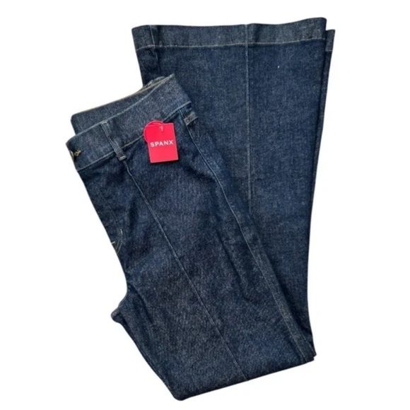 SPANX Pintuck Flare Pull On Denim High Rise Raw Indigo Stretch Jeans NEW XS - Picture 5 of 6